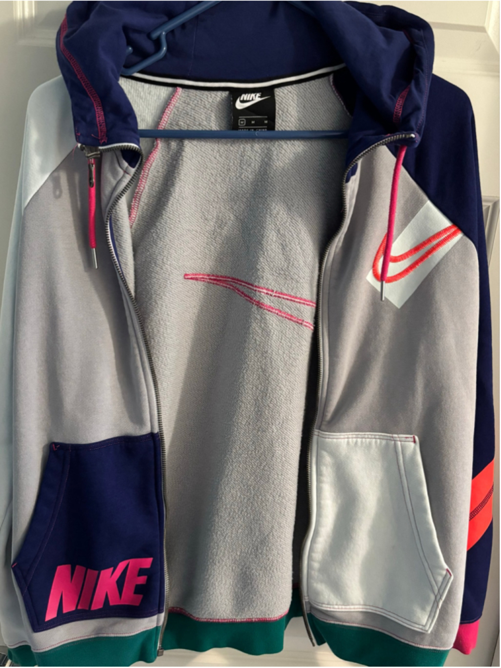 Women's Nike Colorblock Full-Zip Hoodie Sweatshirt Grey Blue Size M